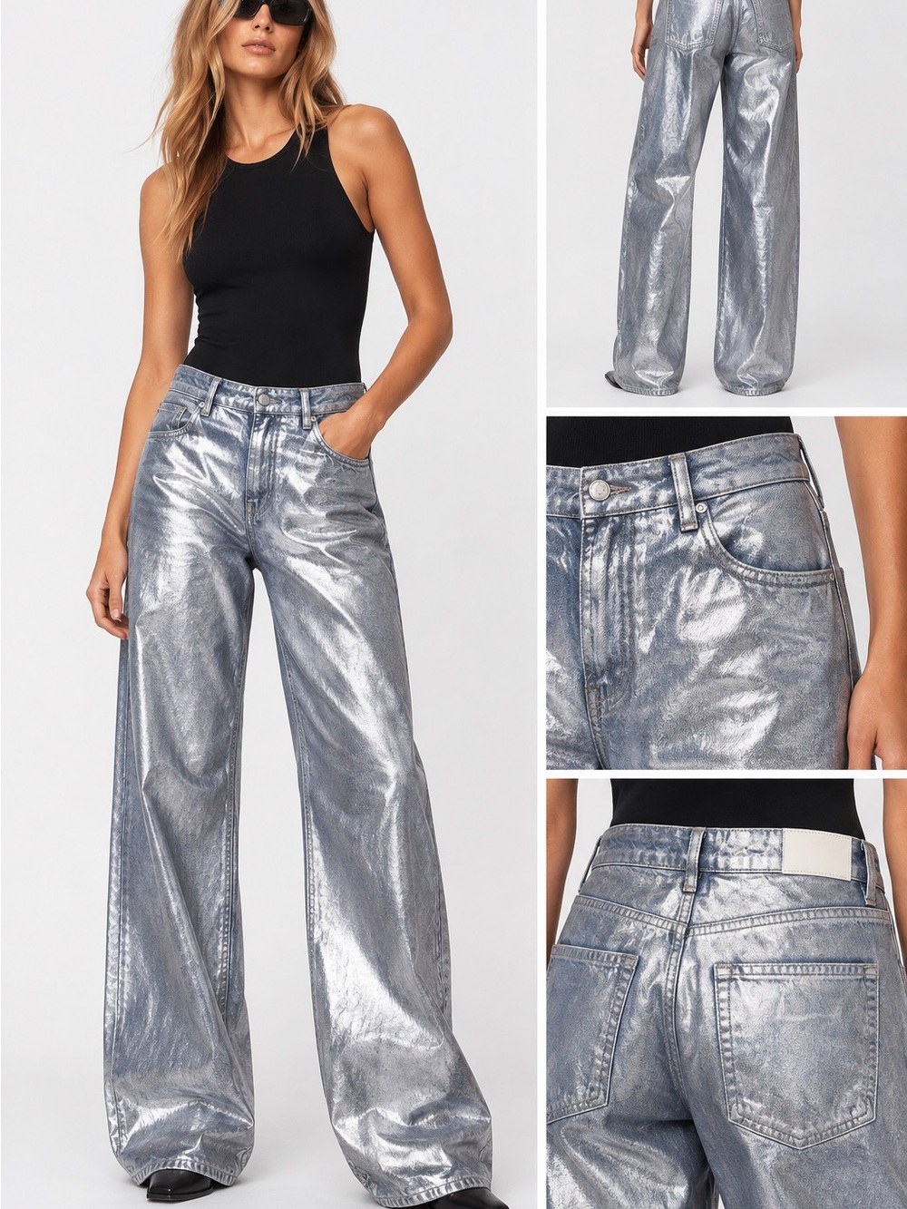 Zara Metallic Silver Foil Wide Leg Jeans Size 6 Y2K Statement Denim